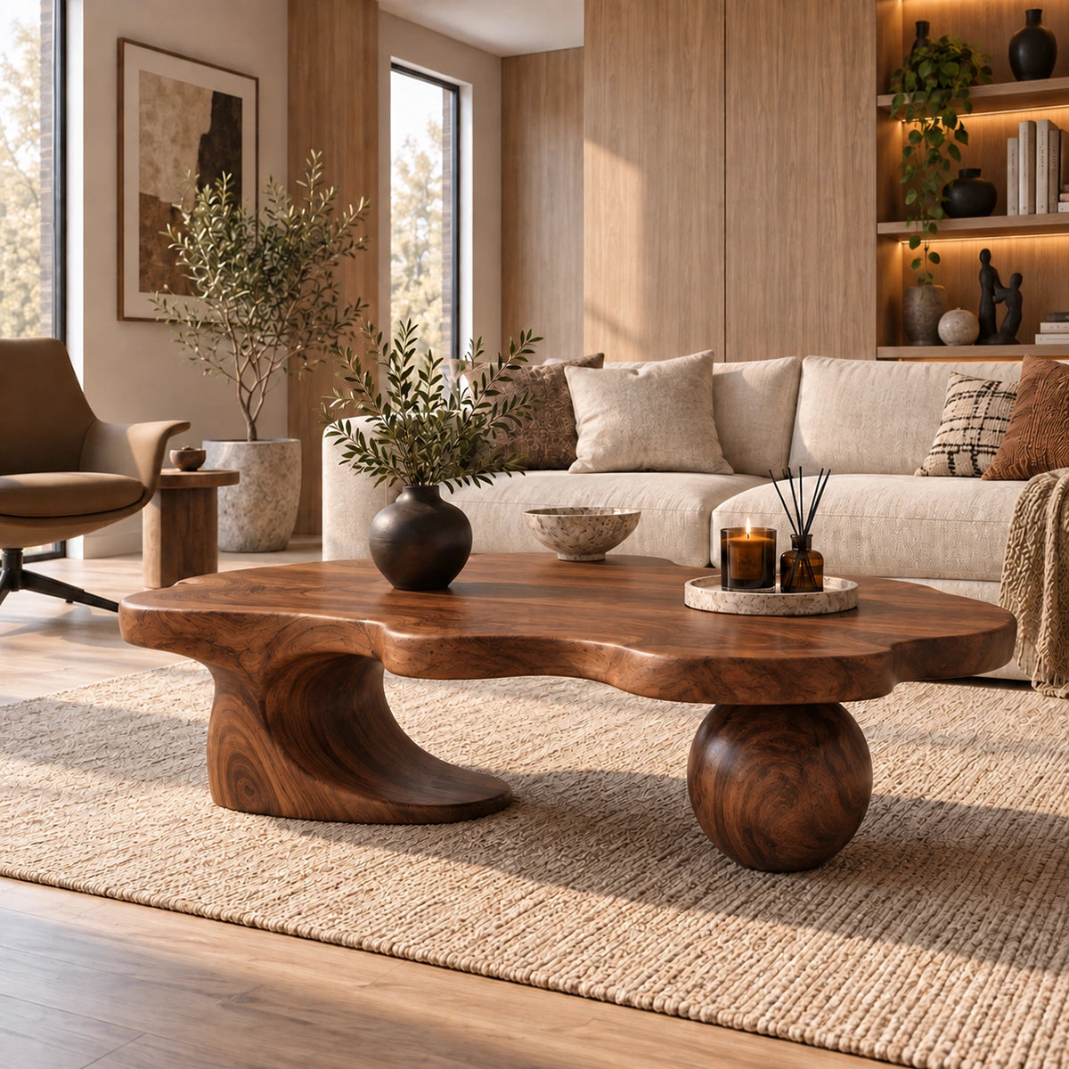 Biomorphic Coffee Table with Wooden Pedestal Base for Modern Living - Woodenecho - 8