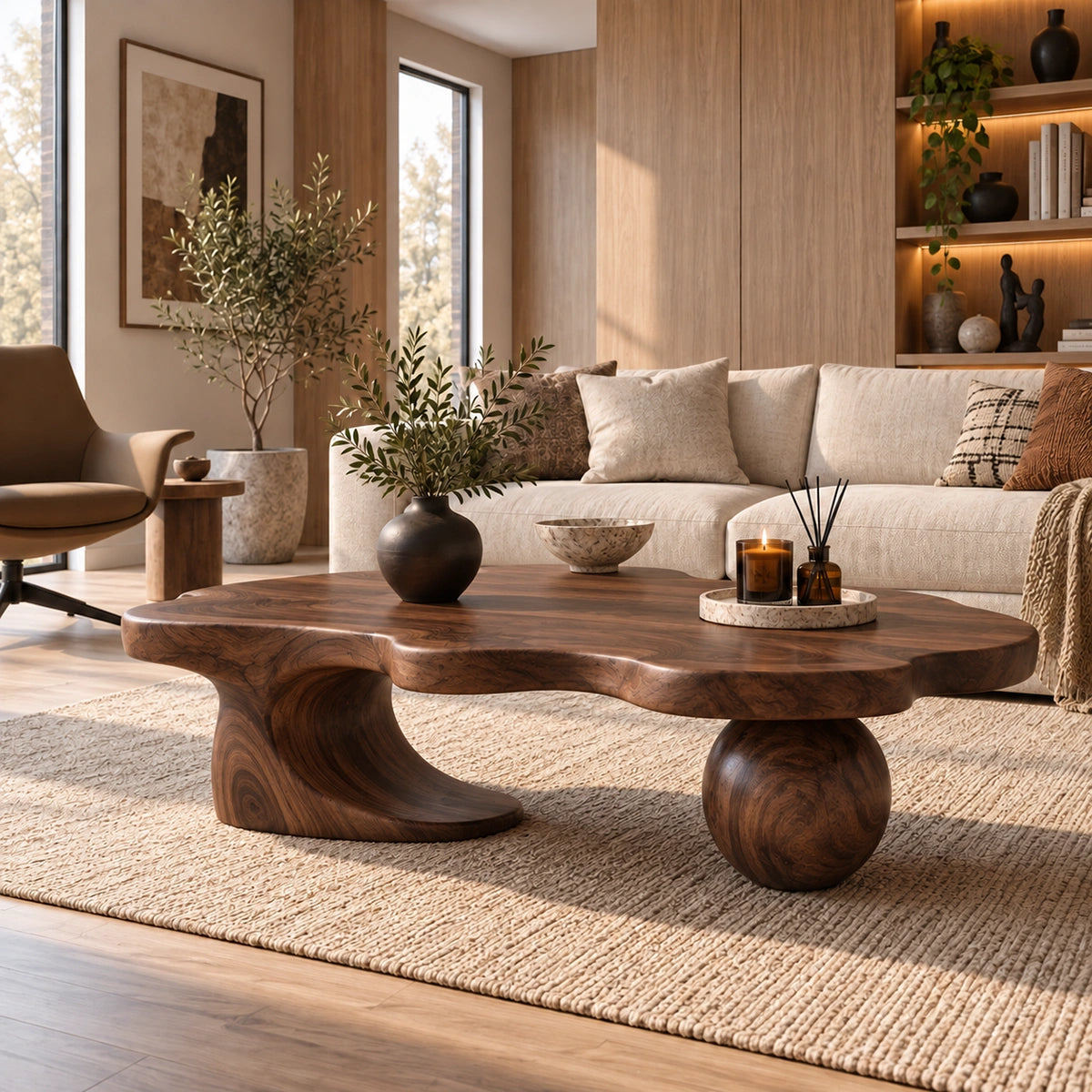 Biomorphic Coffee Table with Wooden Pedestal Base for Modern Living - Woodenecho - 9