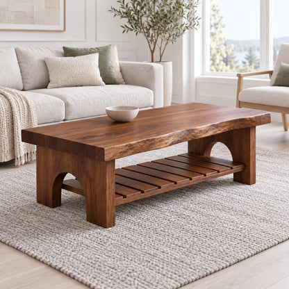 Coffee Table with Arched Wooden Supports in Natural Solid Wood Design - Woodenecho - 1