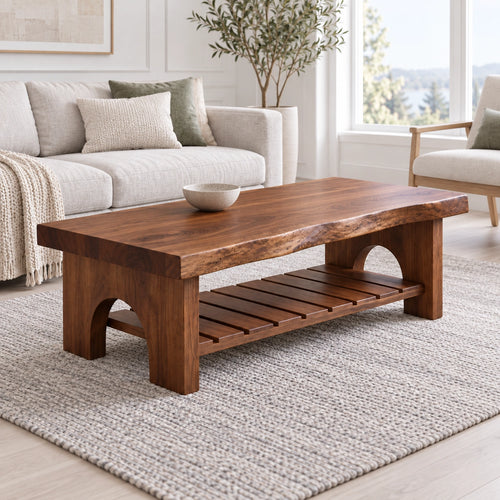 Coffee Table with Arched Wooden Supports in Natural Solid Wood Design - Woodenecho - 1