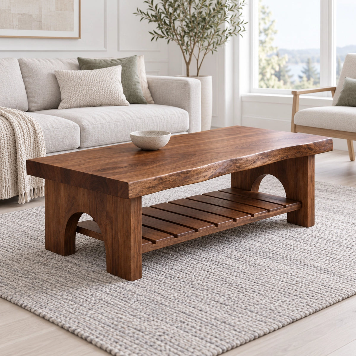Coffee Table with Arched Wooden Supports in Natural Solid Wood Design - Woodenecho - 3