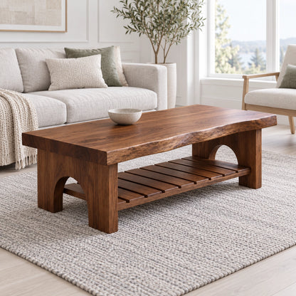 Coffee Table with Arched Wooden Supports in Natural Solid Wood Design - Woodenecho - 3
