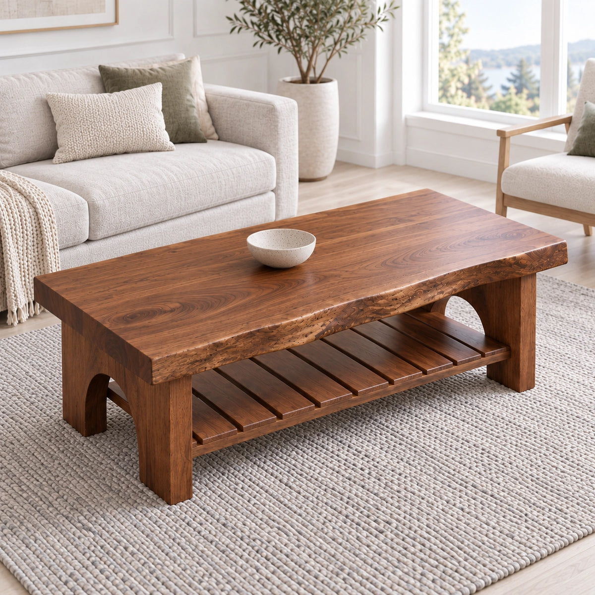 Coffee Table with Arched Wooden Supports in Natural Solid Wood Design - Woodenecho - 4