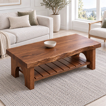 Coffee Table with Arched Wooden Supports in Natural Solid Wood Design - Woodenecho - 4