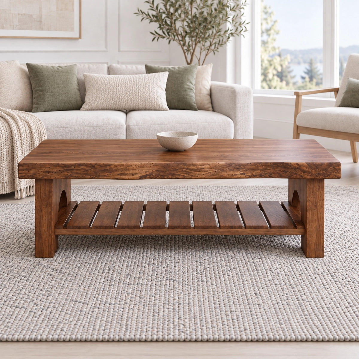Coffee Table with Arched Wooden Supports in Natural Solid Wood Design - Woodenecho - 5