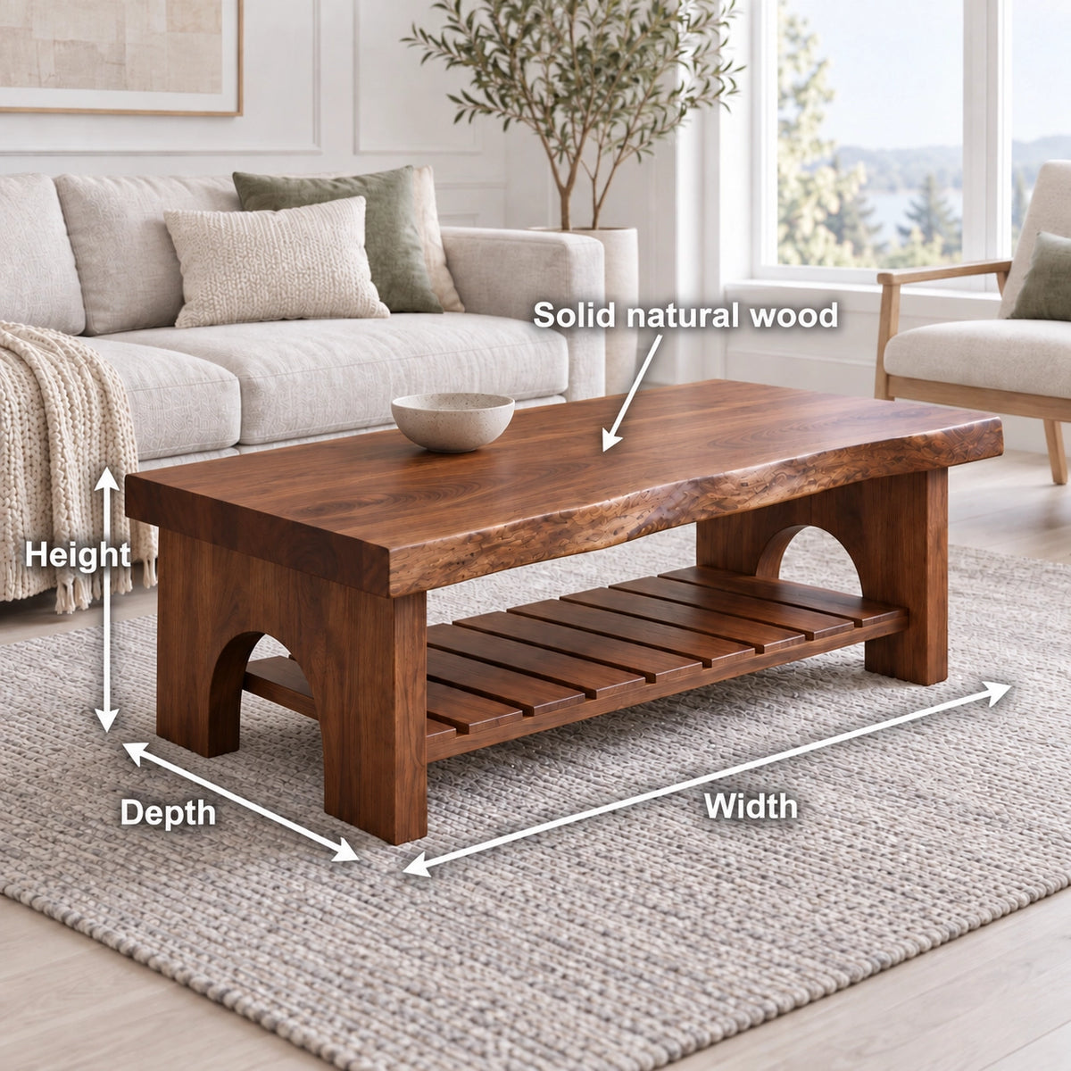 Coffee Table with Arched Wooden Supports in Natural Solid Wood Design - Woodenecho - 6