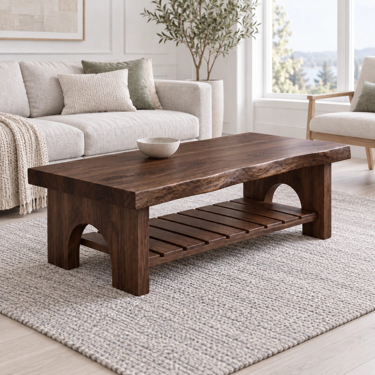 Coffee Table with Arched Wooden Supports in Natural Solid Wood Design - Woodenecho - 9