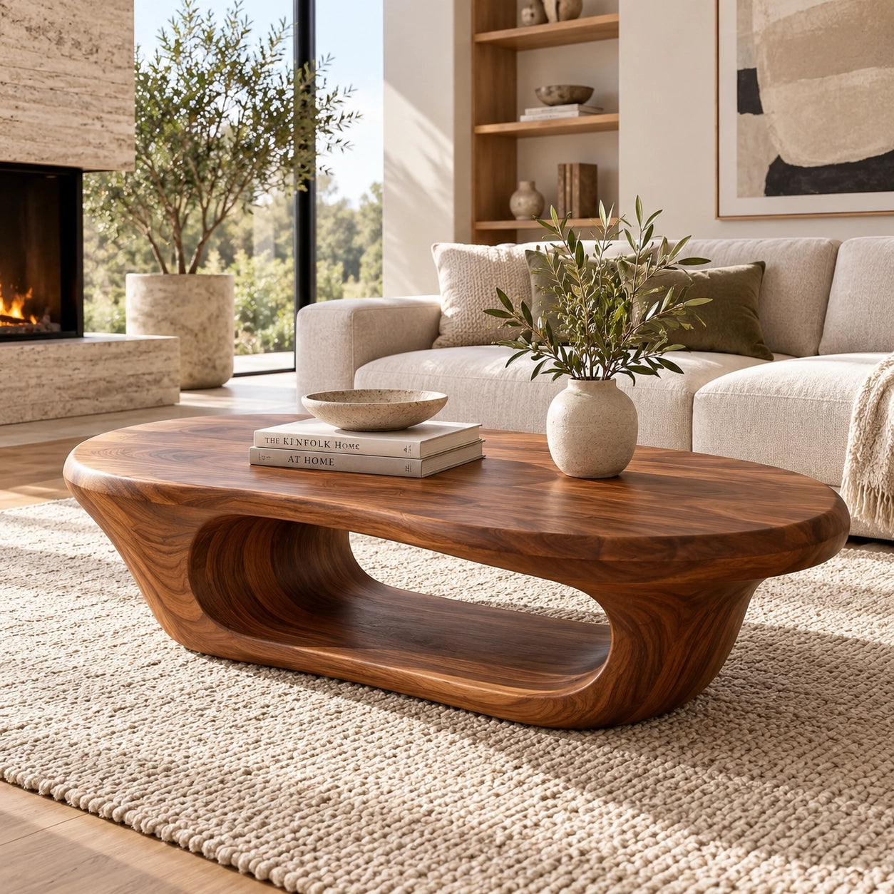 Coffee Table with Curved Natural Solid Wood Open Shelf in Four Sizes - Woodenecho - 1