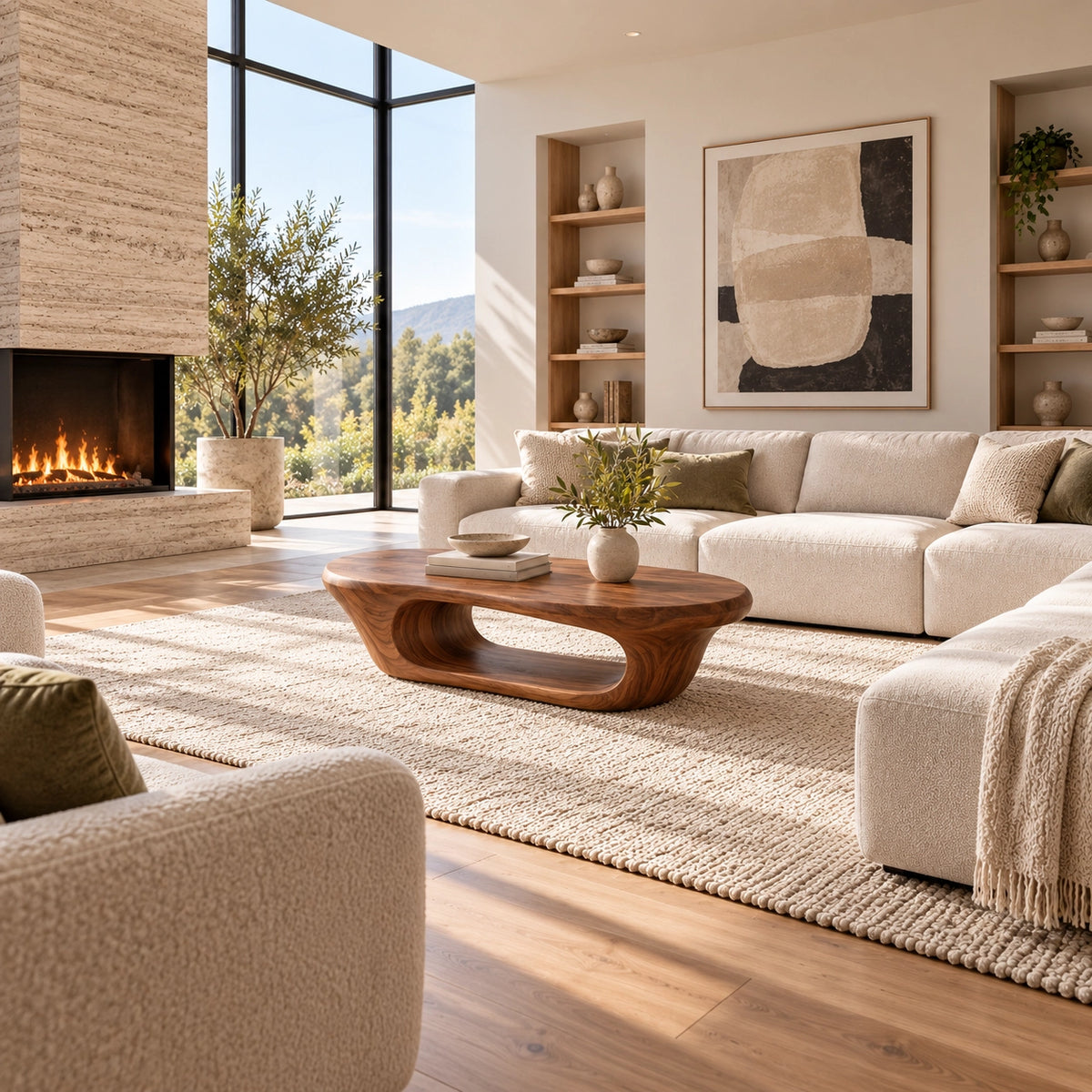 Coffee Table with Curved Natural Solid Wood Open Shelf in Four Sizes - Woodenecho - 2