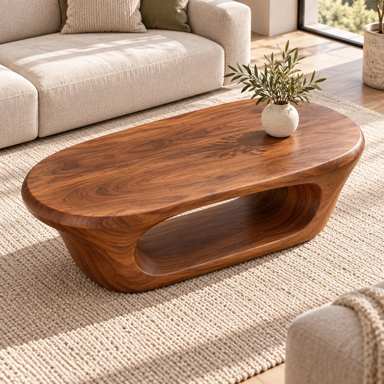 Coffee Table with Curved Natural Solid Wood Open Shelf in Four Sizes - Woodenecho - 3