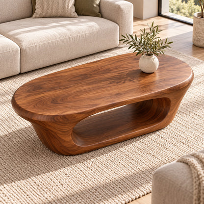 Coffee Table with Curved Natural Solid Wood Open Shelf in Four Sizes - Woodenecho - 3