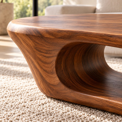 Coffee Table with Curved Natural Solid Wood Open Shelf in Four Sizes - Woodenecho - 4
