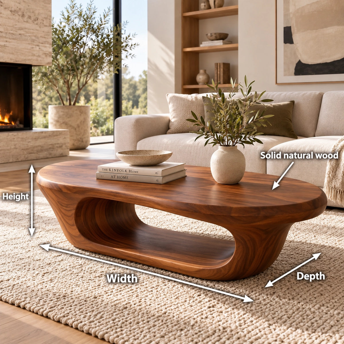 Coffee Table with Curved Natural Solid Wood Open Shelf in Four Sizes - Woodenecho - 5