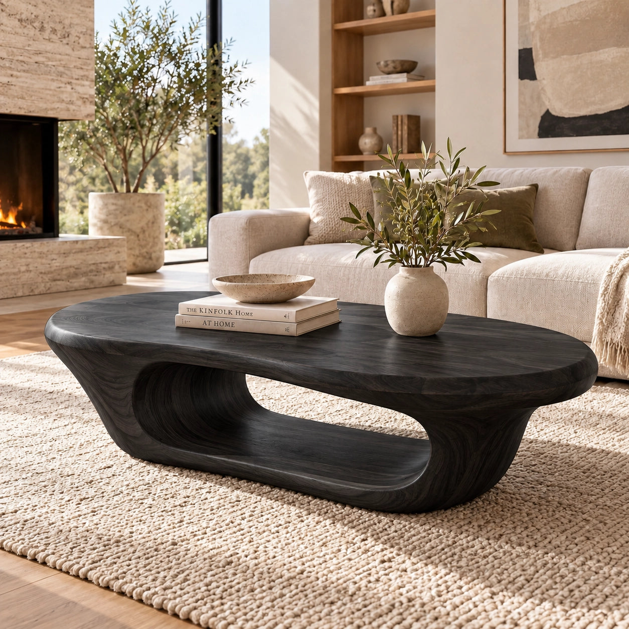 Coffee Table with Curved Natural Solid Wood Open Shelf in Four Sizes - Woodenecho - 6
