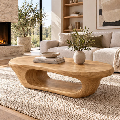 Coffee Table with Curved Natural Solid Wood Open Shelf in Four Sizes - Woodenecho - 7