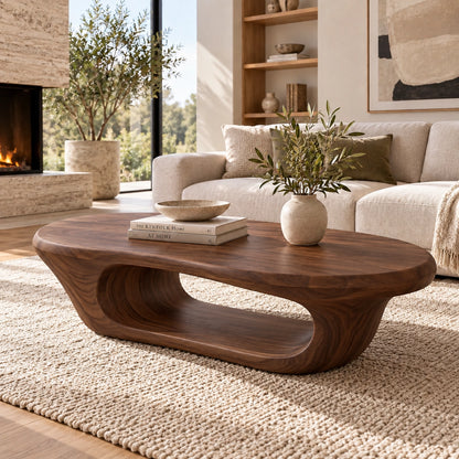 Coffee Table with Curved Natural Solid Wood Open Shelf in Four Sizes - Woodenecho - 8