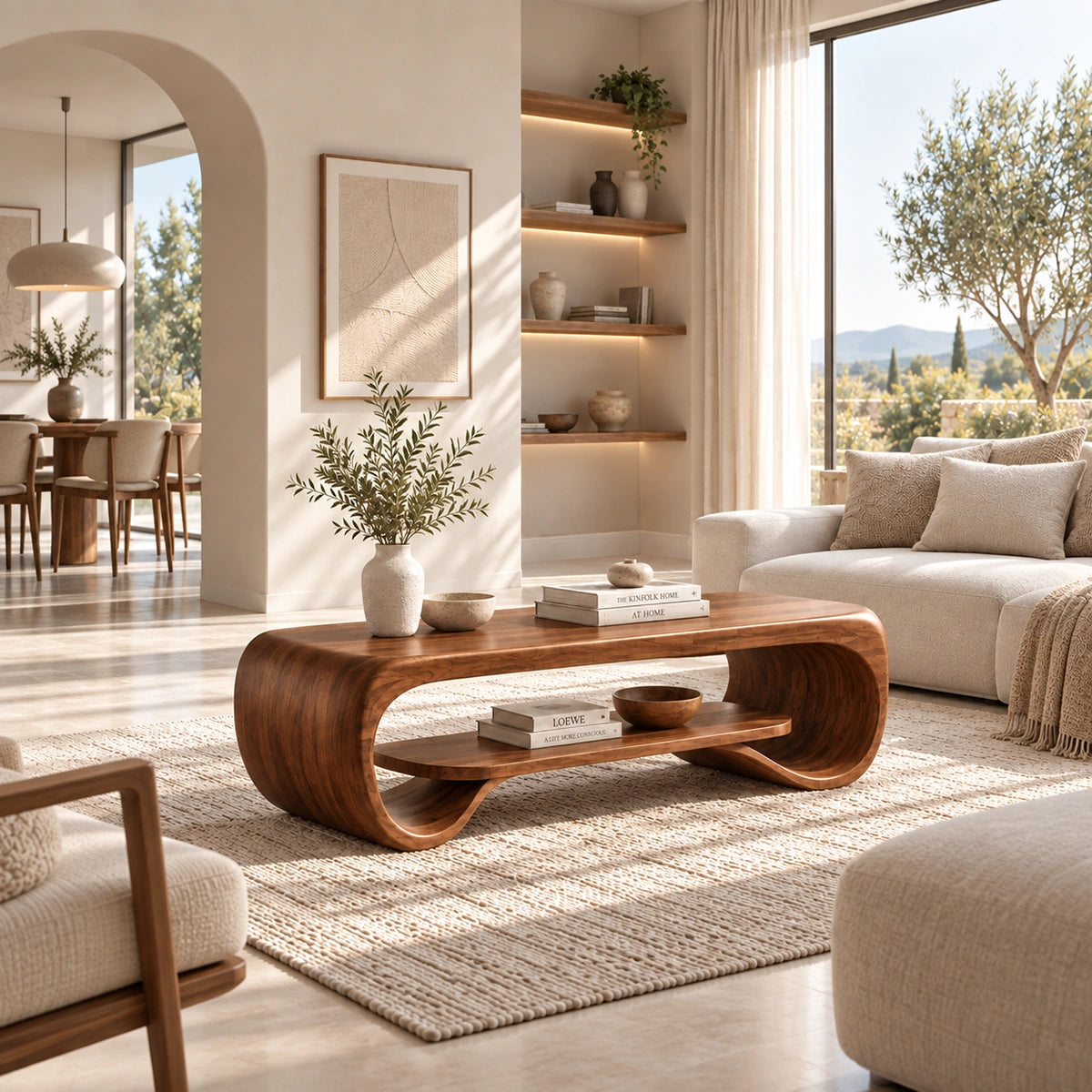 Coffee Table with Curved Sculptural Base in Natural Solid Wood Design - Woodenecho - 1