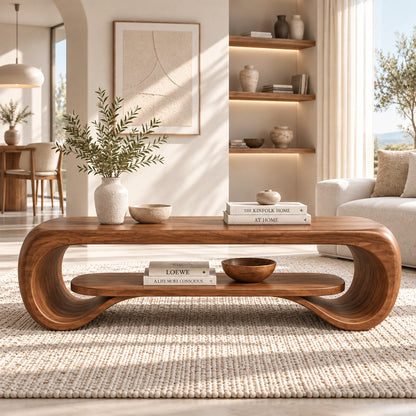 Coffee Table with Curved Sculptural Base in Natural Solid Wood Design - Woodenecho - 2