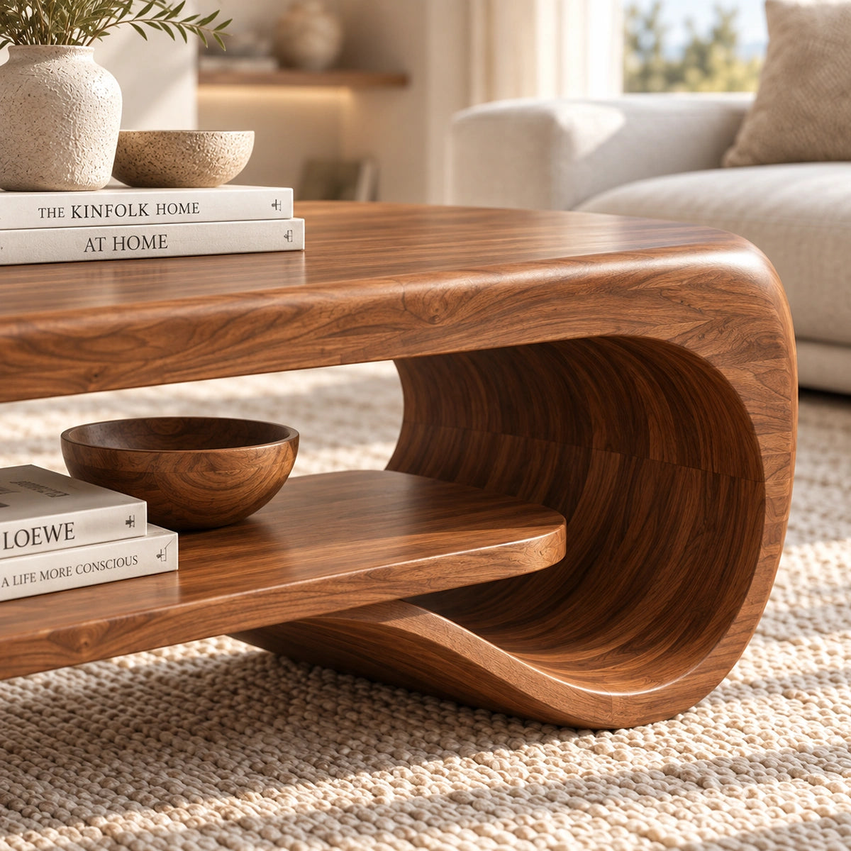 Coffee Table with Curved Sculptural Base in Natural Solid Wood Design - Woodenecho - 3