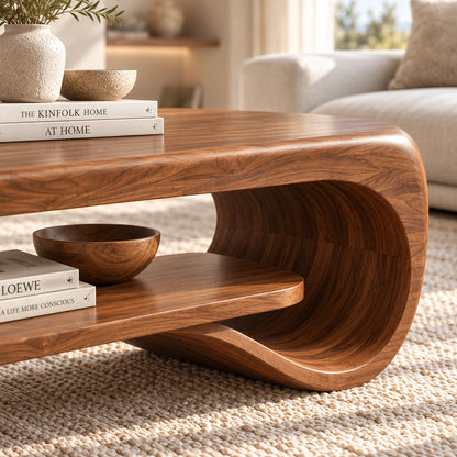Coffee Table with Curved Sculptural Base in Natural Solid Wood Design - Woodenecho - 3