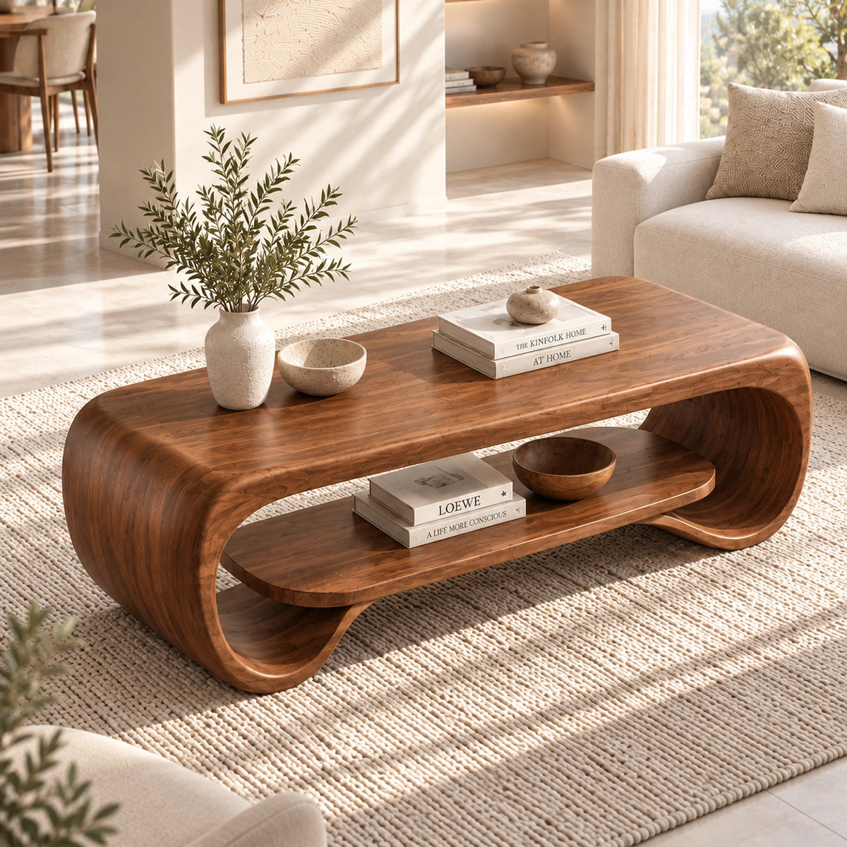 Coffee Table with Curved Sculptural Base in Natural Solid Wood Design - Woodenecho - 4