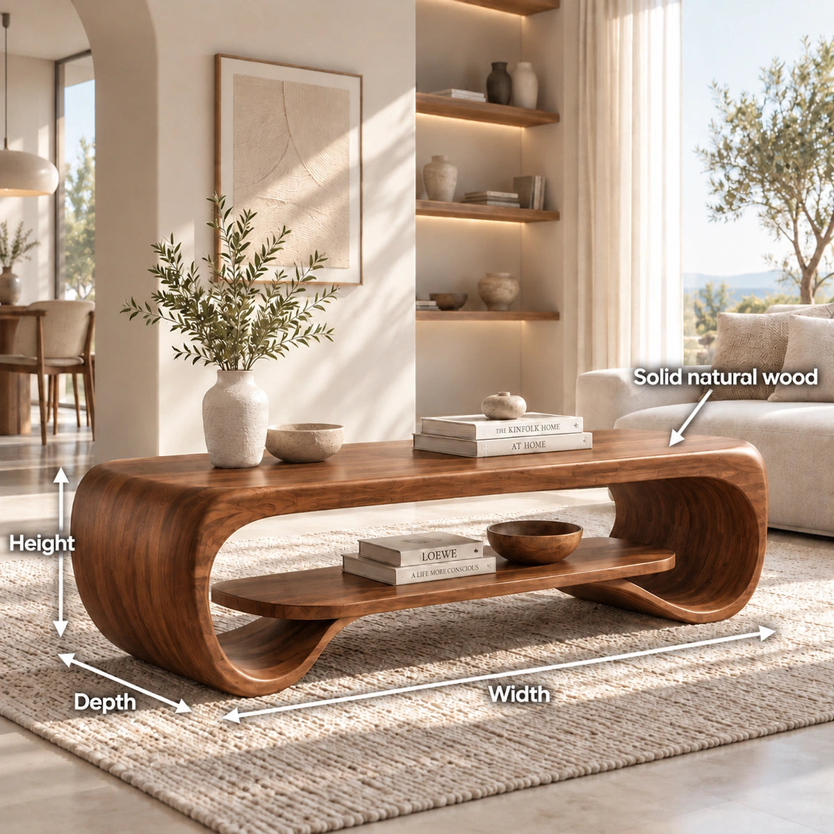 Coffee Table with Curved Sculptural Base in Natural Solid Wood Design - Woodenecho - 5