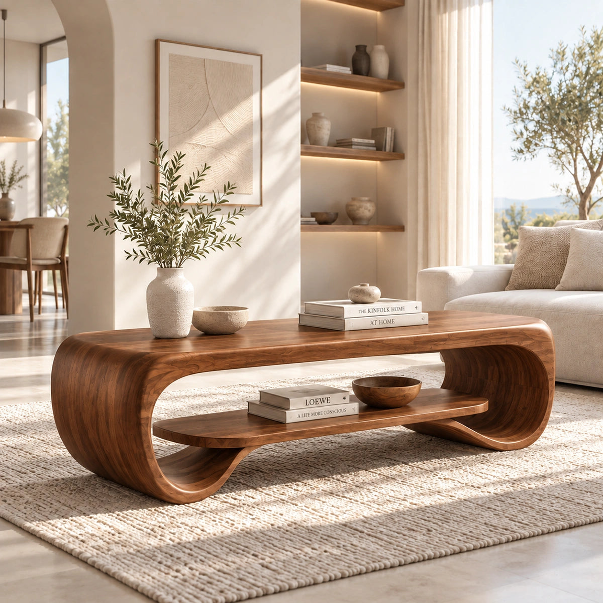 Coffee Table with Curved Sculptural Base in Natural Solid Wood Design - Woodenecho - 6