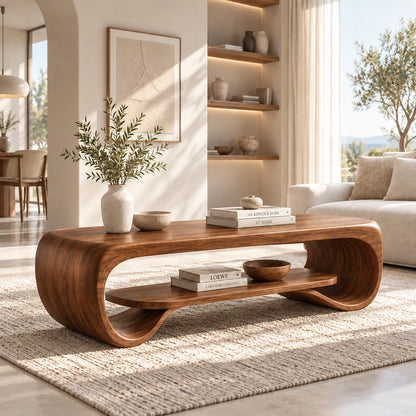 Coffee Table with Curved Sculptural Base in Natural Solid Wood Design - Woodenecho - 6