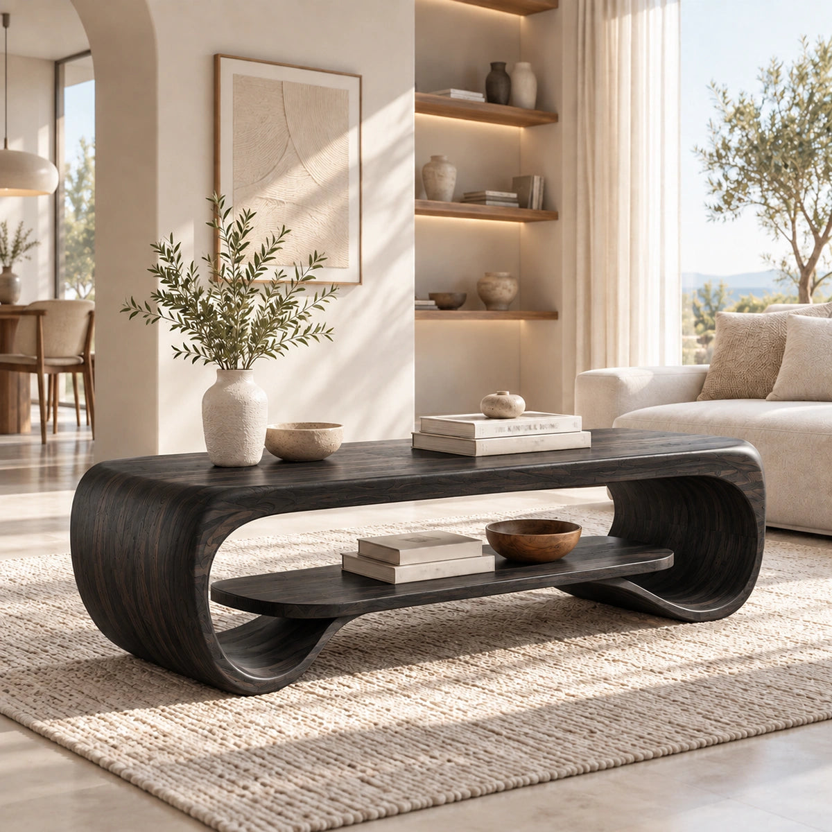 Coffee Table with Curved Sculptural Base in Natural Solid Wood Design - Woodenecho - 7