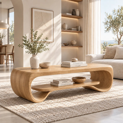 Coffee Table with Curved Sculptural Base in Natural Solid Wood Design - Woodenecho - 8