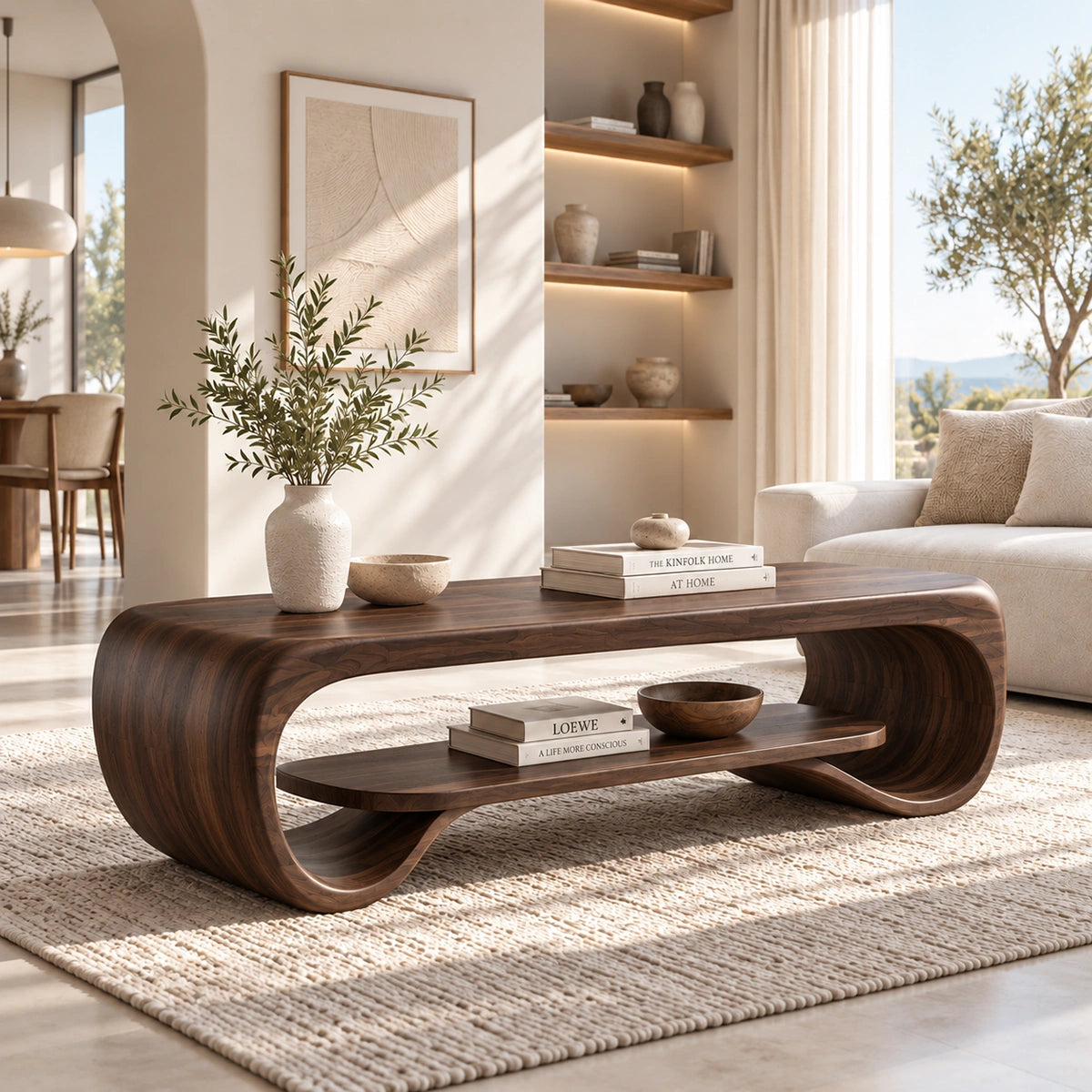 Coffee Table with Curved Sculptural Base in Natural Solid Wood Design - Woodenecho - 9
