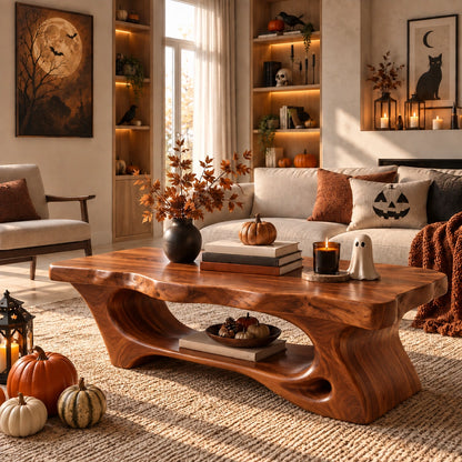 Coffee Table with Curved Sculptural Base in Natural Solid Wood for Living - Woodenecho - 2