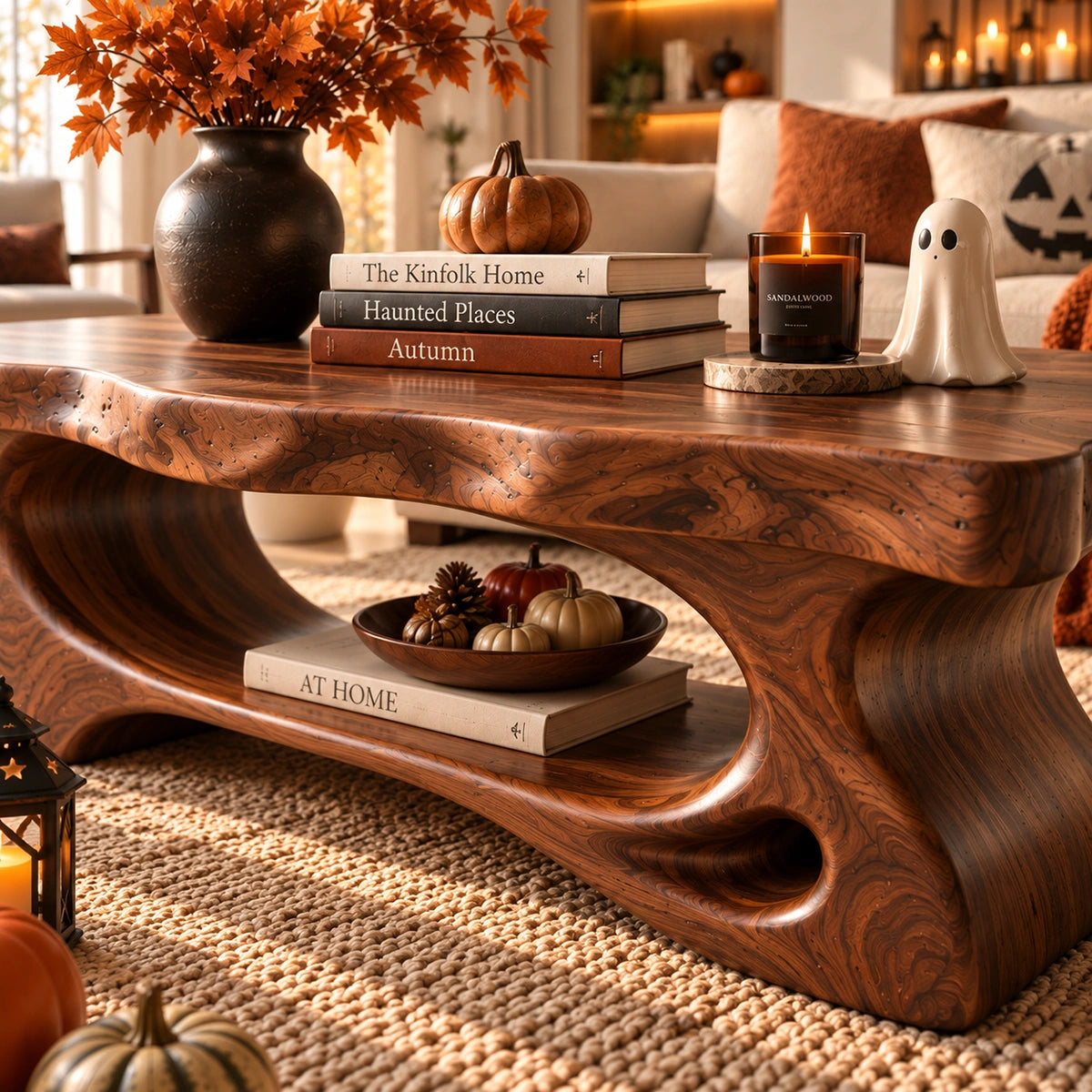 Coffee Table with Curved Sculptural Base in Natural Solid Wood for Living - Woodenecho - 3
