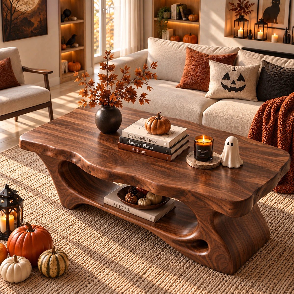 Coffee Table with Curved Sculptural Base in Natural Solid Wood for Living - Woodenecho - 4