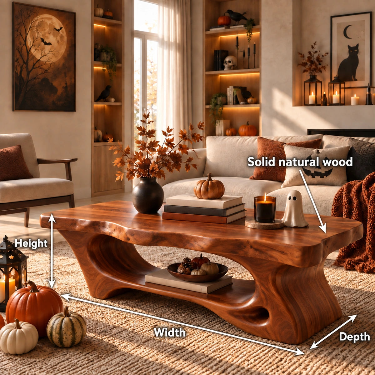 Coffee Table with Curved Sculptural Base in Natural Solid Wood for Living - Woodenecho - 5