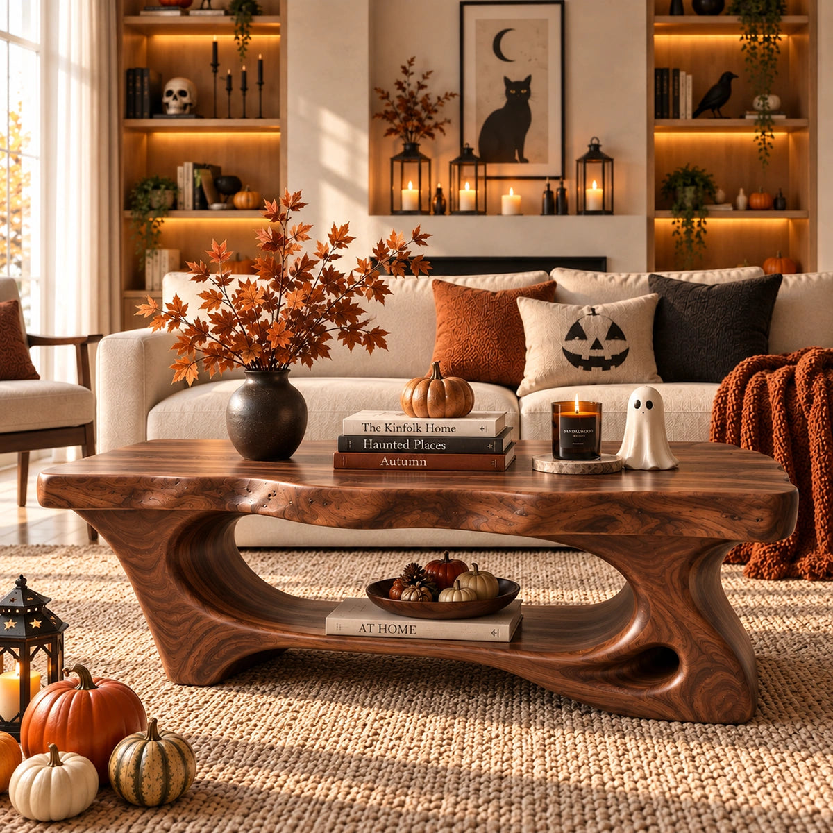 Coffee Table with Curved Sculptural Base in Natural Solid Wood for Living - Woodenecho - 6