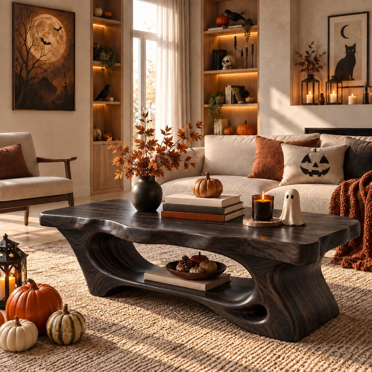 Coffee Table with Curved Sculptural Base in Natural Solid Wood for Living - Woodenecho - 7