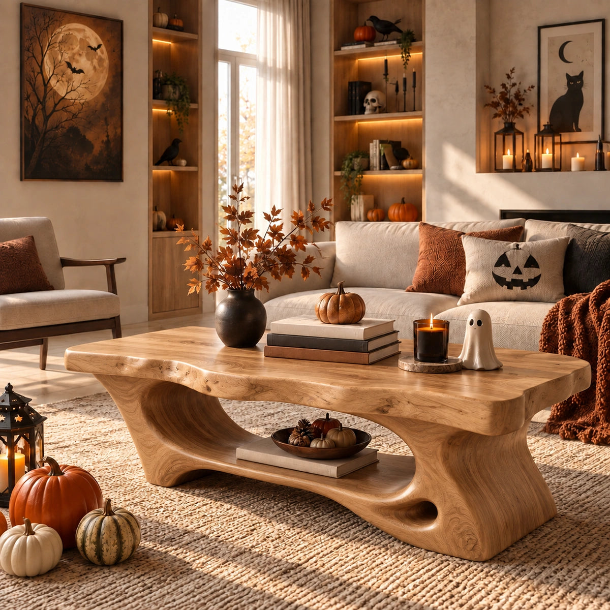 Coffee Table with Curved Sculptural Base in Natural Solid Wood for Living - Woodenecho - 8