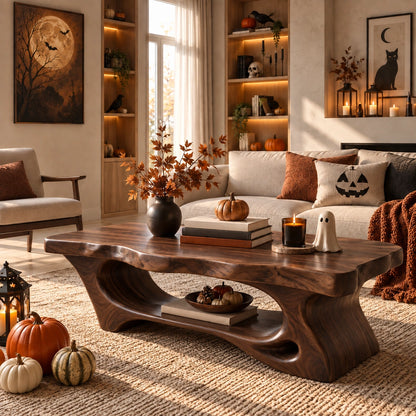 Coffee Table with Curved Sculptural Base in Natural Solid Wood for Living - Woodenecho - 9