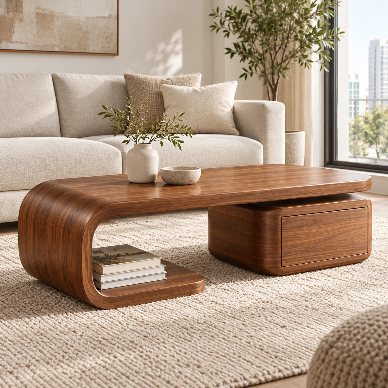 Coffee Table with Curved Solid Wood Base and Storage Drawer in Natural - Woodenecho - 1