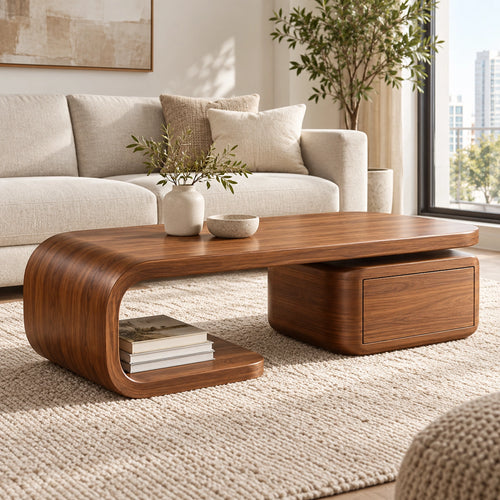 Coffee Table with Curved Solid Wood Base and Storage Drawer in Natural - Woodenecho - 1