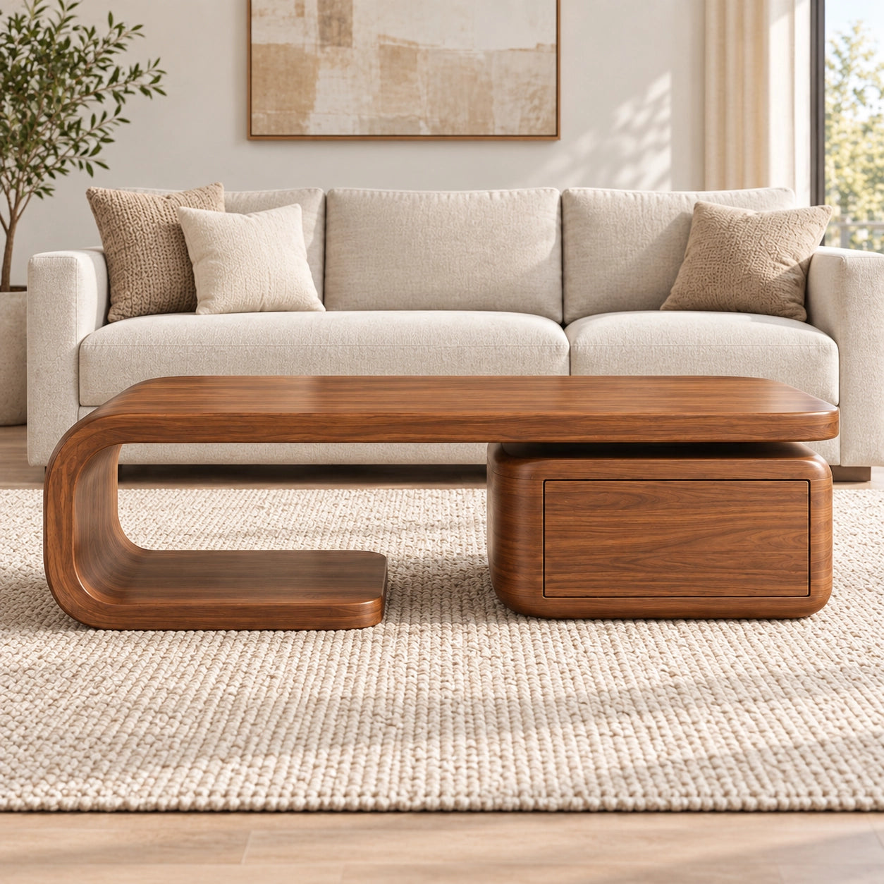 Coffee Table with Curved Solid Wood Base and Storage Drawer in Natural - Woodenecho - 2