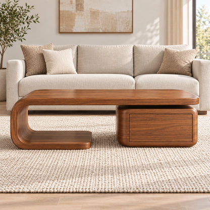 Coffee Table with Curved Solid Wood Base and Storage Drawer in Natural - Woodenecho - 2