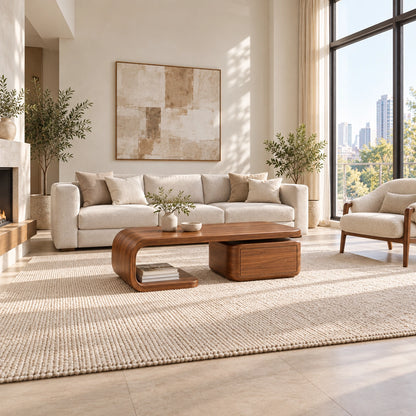 Coffee Table with Curved Solid Wood Base and Storage Drawer in Natural - Woodenecho - 3