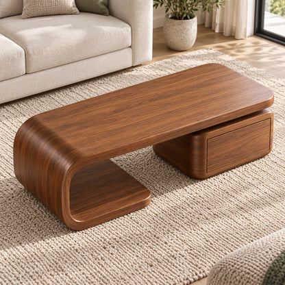 Coffee Table with Curved Solid Wood Base and Storage Drawer in Natural - Woodenecho - 4