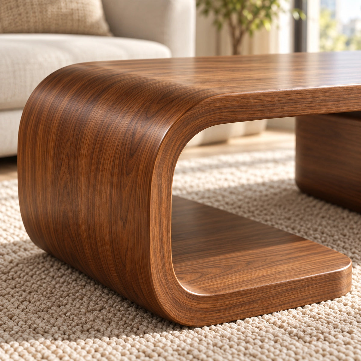 Coffee Table with Curved Solid Wood Base and Storage Drawer in Natural - Woodenecho - 5