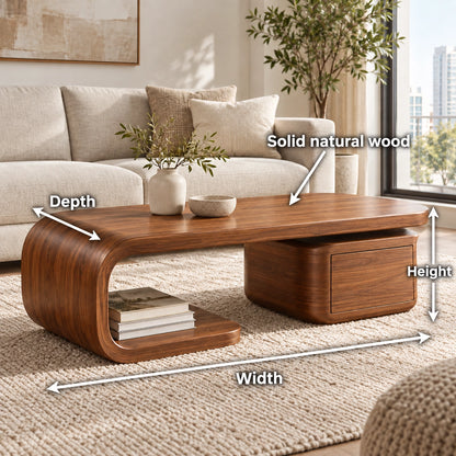 Coffee Table with Curved Solid Wood Base and Storage Drawer in Natural - Woodenecho - 6