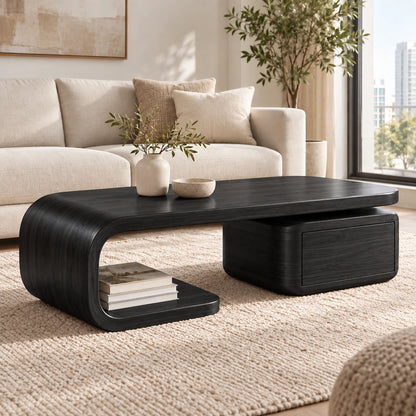 Coffee Table with Curved Solid Wood Base and Storage Drawer in Natural - Woodenecho - 7