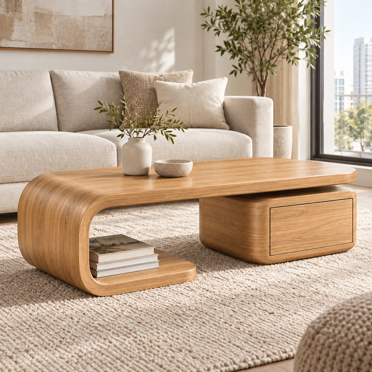 Coffee Table with Curved Solid Wood Base and Storage Drawer in Natural - Woodenecho - 8