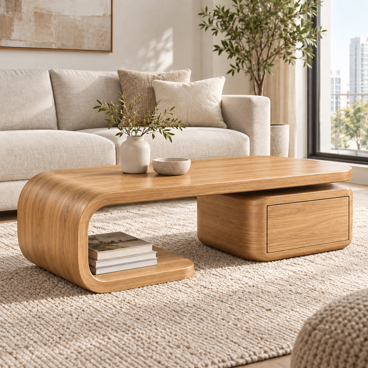 Coffee Table with Curved Solid Wood Base and Storage Drawer in Natural - Woodenecho - 8